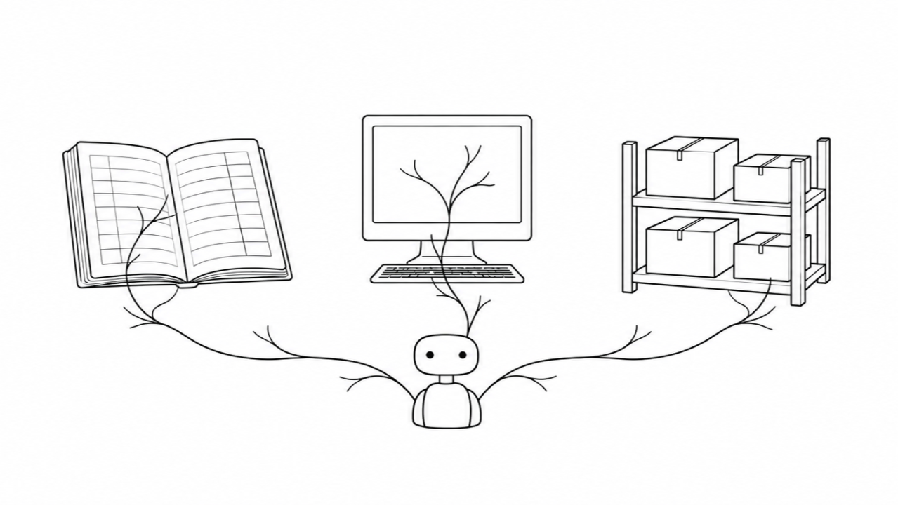 A line drawing of an AI agent connected by branching lines to a ledger, a computer, and shelves of stock.